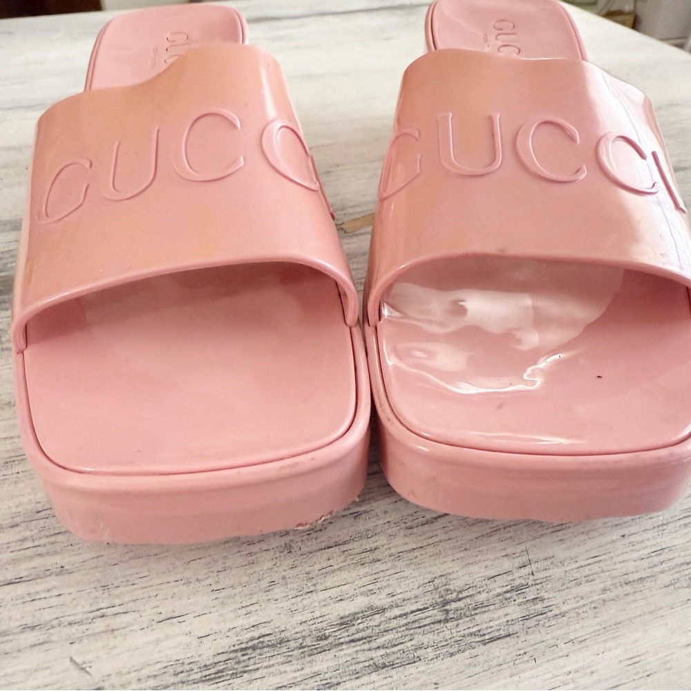 Gucci Pink Wild Rose Rubber Slides Heeled Mules Sandals size 39 - Picture 7 of 11